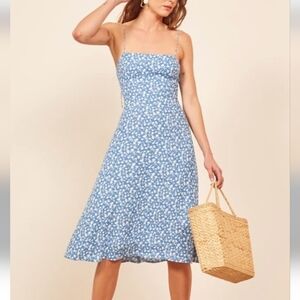 Reformation Peach Crepe Marie Blue Floral Print Midi Dress
